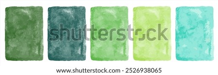 Green watercolor hand drawn backgrounds vector set, collection. Mint grass dark light teal pine green. Aqua, sea foam color watercolour texture with aquarelle stains. Painted rectangle eco templates.