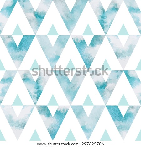 Cloudy sky triangles seamless vector pattern. Geometrical background. Watercolor heaven with clouds. Blue sky, shades of white. Painted backdrop. Fresco imitation. 