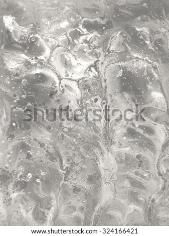Abstract monochrome painted background with liquid stains, blobs and splashes. Hand drawn white and shades of grey template. Painting backdrop. Marble texture imitation.