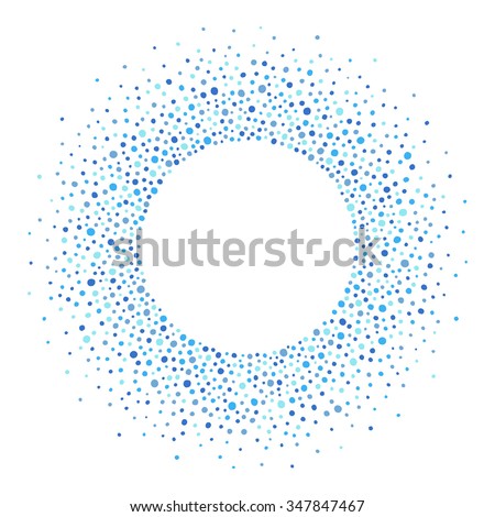 Round dots frame with empty space for your text. Frame made of blue spots or dots of various size. Circle shape. Shades of blue abstract background.