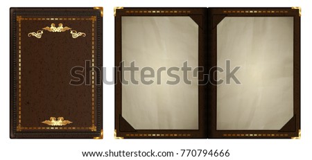 Notepad with a gold border in brown leather. The isolated object is shown in two variants, the cover and the opened one.