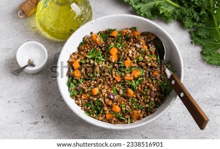 Similar – Image, Stock Photo Preparation of tasty buckwheat balls on kitchen table with ingredients. Healthy home cooking and eating concept