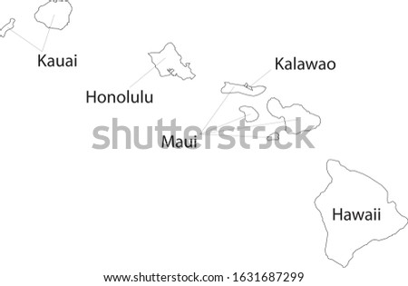 White Outline Counties Map With Counties Names of US State of Hawaii