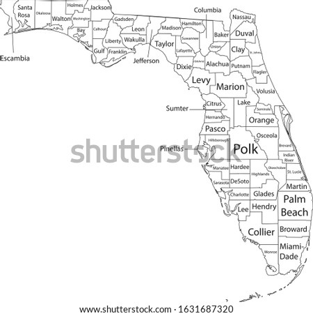 White Outline Counties Map With Counties Names of US State of Florida