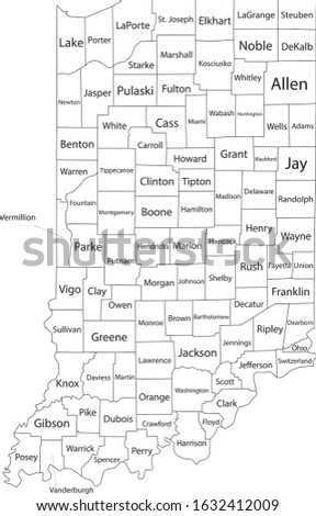 White Outline Counties Map With Counties Names of US State of Indiana