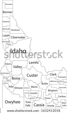 White Outline Counties Map With Counties Names of US State of Idaho