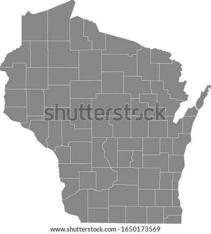 Gray Outline Counties Map of US State of Wisconsin