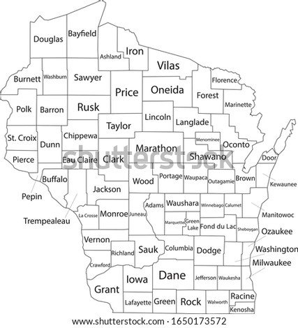 White Outline Counties Map With Counties Names of US State of Wisconsin