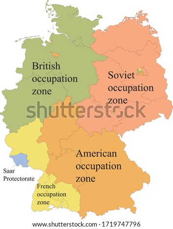 Colored Flat Map of Allied-occupied Germany (1945–1949) with Labels Foto d'archivio © 