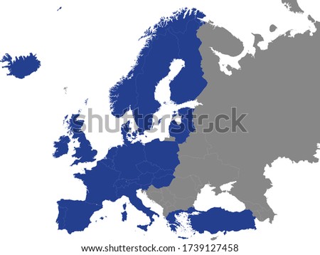 Detailed Blue Flat Political Map of Organisation for Economic Co-operation and Development (OECD) on Grey Background of European Continent