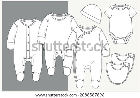 Baby clothes flat sketch template isolated. Baby fashion, Baby girl clothes design VECTOR. You can use it as a base in your collection, color it as you wish and place your print pattern.