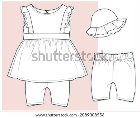 DRESS, PANTS, HAT design template for girls vector flat sketch. Baby clothes Flat Sketch vector illustration