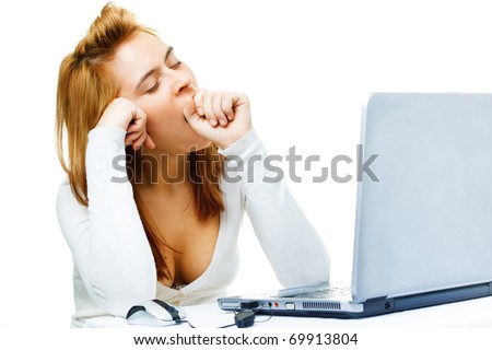 young adult red haired business lady  over white frustrated with her computer