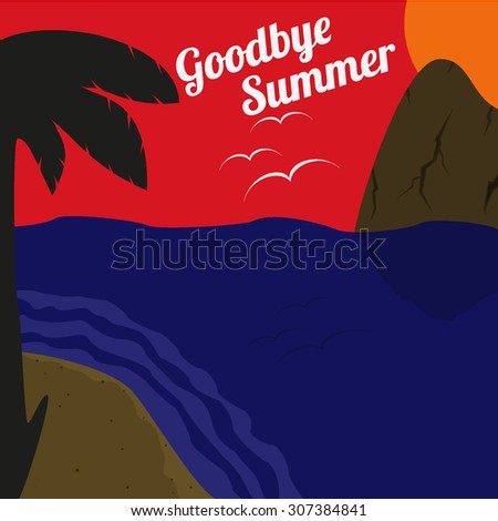 Cartoon tropical sunset landscape - palm on the sand beach, sea (ocean) with waves, rock mountain and seagulls. Goodbye summer poster