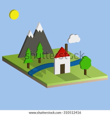 Flat isometric landscape: mountains, trees, river and house with chimney. Child drawing background