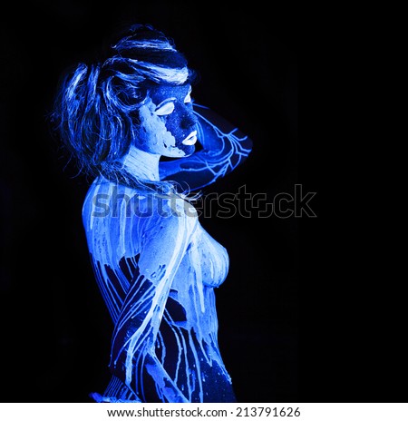Body art glowing in ultraviolet light,  four elements - water woman