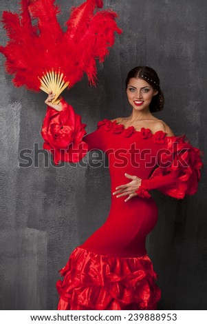 Sexy Woman traditional Spanish Flamenco dancer dancing in a red dress with fan