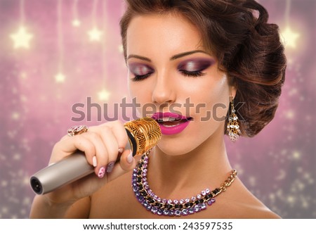 Singing Woman with Microphone. Beauty Glamour Singer Girl Portrait. Vintage Style. Karaoke Song
