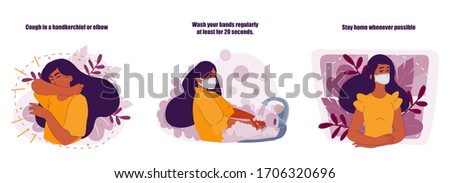 Virus protection, coughing and sneezing at the elbow, washing hands and stay at home. Spread of the disease. Flat illustration for banner or infographic about virus prevention in the epidemic. 