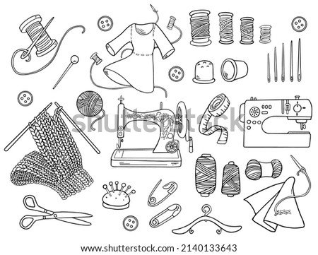 Sewing doodle kit set. Elements of handcraft design. Outline collection of hobby. Illustration of sewing machine, needles, spools, scissor, knitting and tailoring.