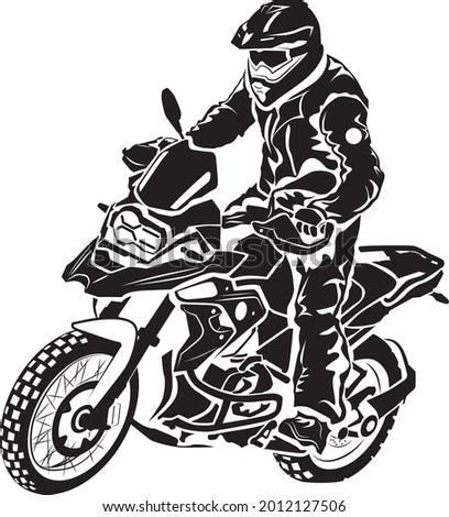 Vector silhouette of trophy offroad biker. Black and white isolate hand drawn motorcycle. BMW GS motorcycle illustration for web, print design.  Poster, t-shirt, site, blog usage. Extreme lovers club.