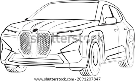 Vector car line art drawing silhouette. New electric car of the European brand. Premium styling, comfort and driving pleasure. Chief on the road. A minimalist hand-drawn sketch.