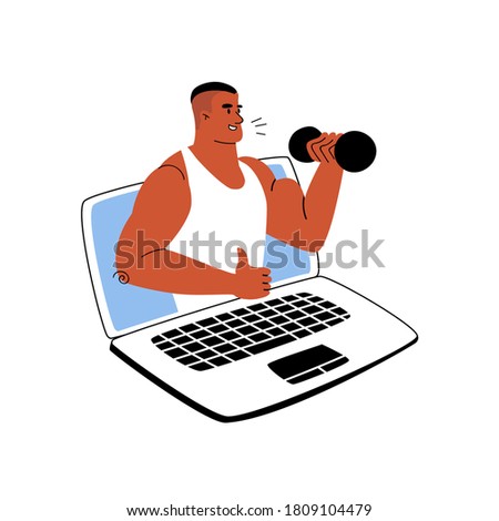 Cartoon tanned sports trainer teaches online via laptop. Online sports training from home. Vector stock illustration workout. The coach shows a thumb up and shakes the biceps from the computer.
