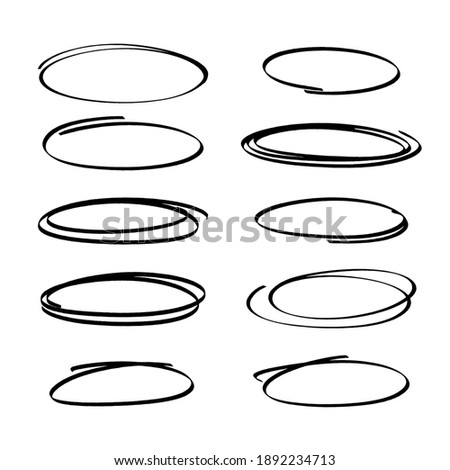 A set of hand-drawn highlight markers. Black on a white collection of free hand-drawn graphic ellipses. Vector stock illustration isolated on white background.