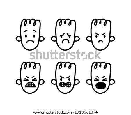 Set of sad and angry doodle faces. Hand-drawn emoji avatars. Sad and angry emotions vector illustration isolated on white background.