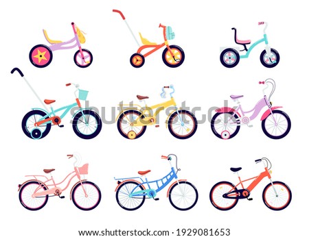 Set of kids and adults bicycles. A variety of two, three, and four-wheeled bicycles with different frame types. Collection of colored balance bikes. Vector illustration of male and female vehicles.