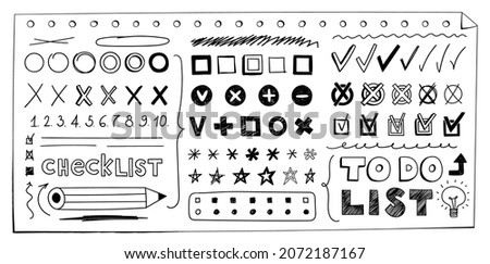 Hand-drawn check marks, asterisks, checkboxes. Set of doodle checklist, outline and shaded signs and symbols. Vector illustration of isolated check marks, crosses, brackets on a white background