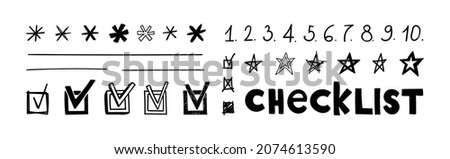 Doodle checklist with check marks, asterisks and numbers. Hand drawn isolated vector illustration of checkmarks of different scribble shapes and silhouettes.