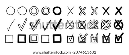 A set of round and square doodle checkboxes. Hand-drawn blank scribble circles and frames. Collection Vector illustration of different signs of right or wrong choice, made or crossed out to create.