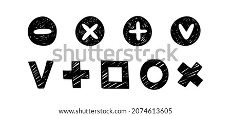 Checkboxes inside the shaded circle, minus, plus, x, v. Hand-drawn scribble check marks. Ddul Set Vector illustration of different signs of correct or incorrect answer, done, vote.