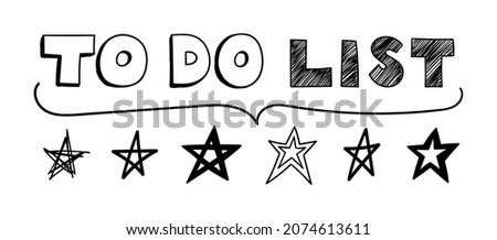Doodle to do list with asterisks and parentheses. Hand-drawn pencil. Vector illustration. Scribble to do list text with hatching lines. Hand-drawn stars, letters and words.