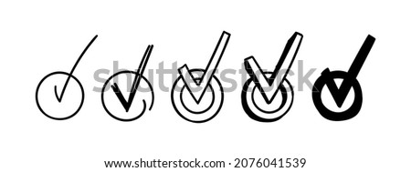 Round checkboxes with tick. Hand-drawn scribble check marks. Set Vector illustration of different doodle signs of correct answer, done, vote.