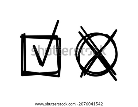 Scribble pen drawn check marks. Doodle tickbox and cross in a round shape. Agree or disagree sign. Vector illustration isolated on white background.