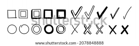 Set of empty doodle circles and boxes with check marks and crosses. Hand drawn isolated vector illustration of checkmarks of different scribble shapes and silhouettes.