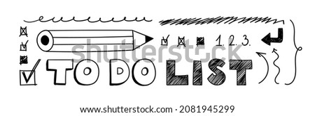 Doodle To do list with checkmarks, numbering, brackets. Hand-drawn vector illustration scribble with pencil, arrows, and underscores isolated.
