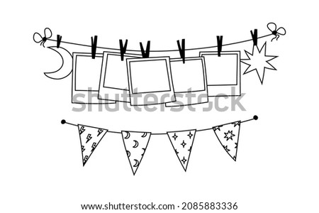 Hand-drawn photo cards pinned to a rope. Doodle decorate your home area with photos and a garland of flags. Clothespins on a string with pictures. Vector illustration isolated outline.