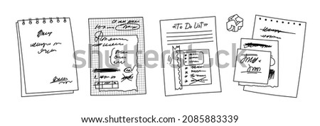 Hand-drawn spiral notebooks, checkered notebook sheets. Checklists covered with notes. Written abstract text on assorted pieces of paper. Vector illustration of strikethrough sheets and crumpled paper
