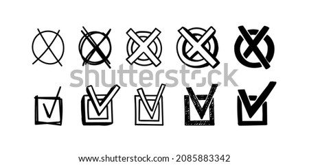 A set of round and square doodle checkboxes. Hand-drawn scribble check marks and crossed out circles. Vector illustration of different signs of right or wrong choice, done or crossed out.