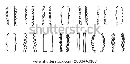 Hand-drawn doodle brackets. Set of scribble brackets in black on white. Shaded, round, square, wavy frames for text. Vector illustration of isolated silhouettes of parenthesis.