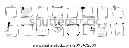 Set of hand-drawn Memo notepads paper outline. Doodle Blank square sheets of paper for notes. Various types of envelopes with pins, clips, stickers, tape. Vector of sketch reminders isolated.