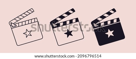Outline and silhouette clapboard set with star. Open doodle cut movie clapperboard isolated. Vector illustration of a tool for filming and editing video.