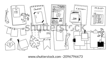 A set of sheets of scribbled paper torn from notebooks. Different types of doodle memos, notes, reminders. Wall photo grid with plants, flowers. Hand-drawn envelope with letters, photos, and stickers.