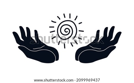 Black on white silhouette of open hands holding reiki energy symbol. Hand drawn concept of hands with healing energy. Vector illustration isolated on white background.