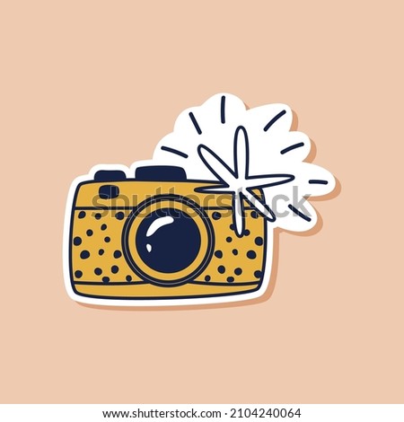 Drawn yellow camera doodle sticker with flash. Travel camera isolated sticker. Vector illustration