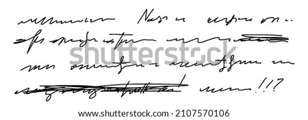 Unreadable handwritten text. Sweeping handwriting with crossed out words. Vector illustration of a poetic work written by a pen. Abstract lettering isolated on white background.
