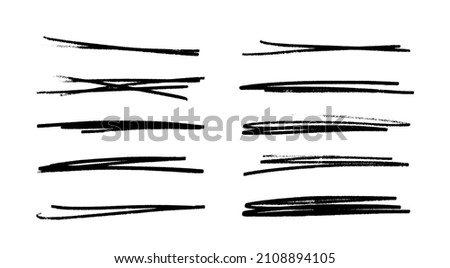 Strikethrough lines isolated. Set of different doodle underlines. Grunge collection of brush strokes written on a white background. Horizontal hand drawn marker stripes.